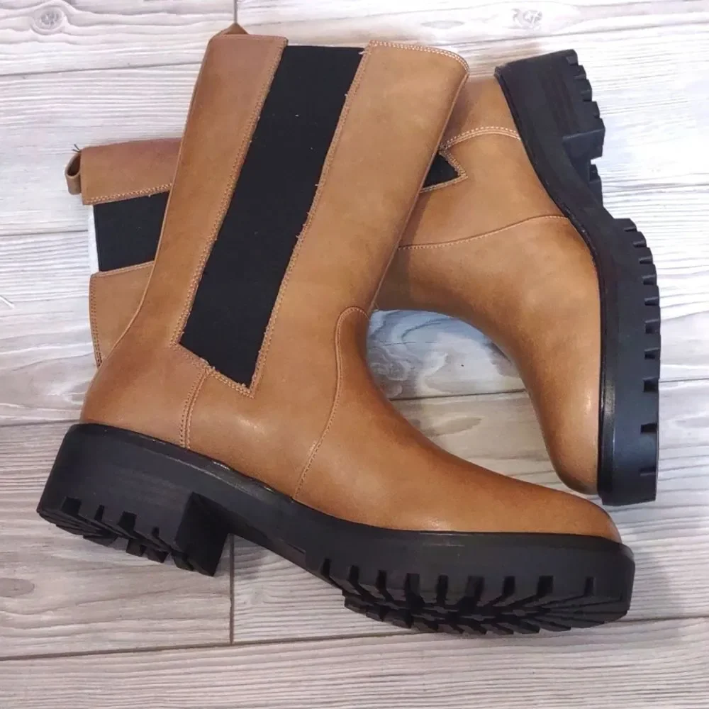 (C-4544) ZBY Chelsea Boots for Women Mid Calf Lug Sole Booties Sz 6.5
